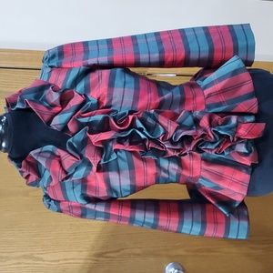 Boston proper red green plaid ruffle plaid long sleeve top